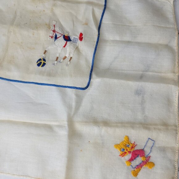 Vintage Handkerchiefs 2 With Embroidered Horse & Cat Blue And Yellow Trim Cotton - Picture 2 of 4